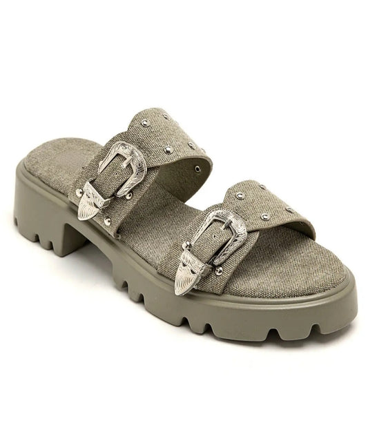 Khaki canvas mules with double buckle heel