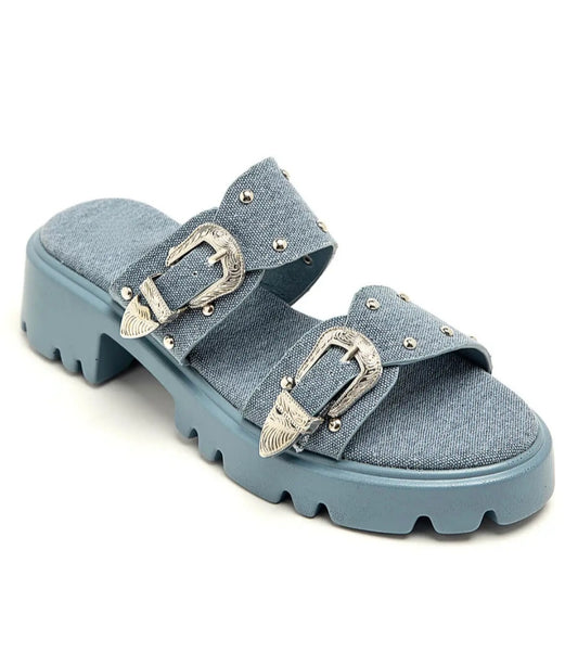 Jean double buckle heel canvas mules