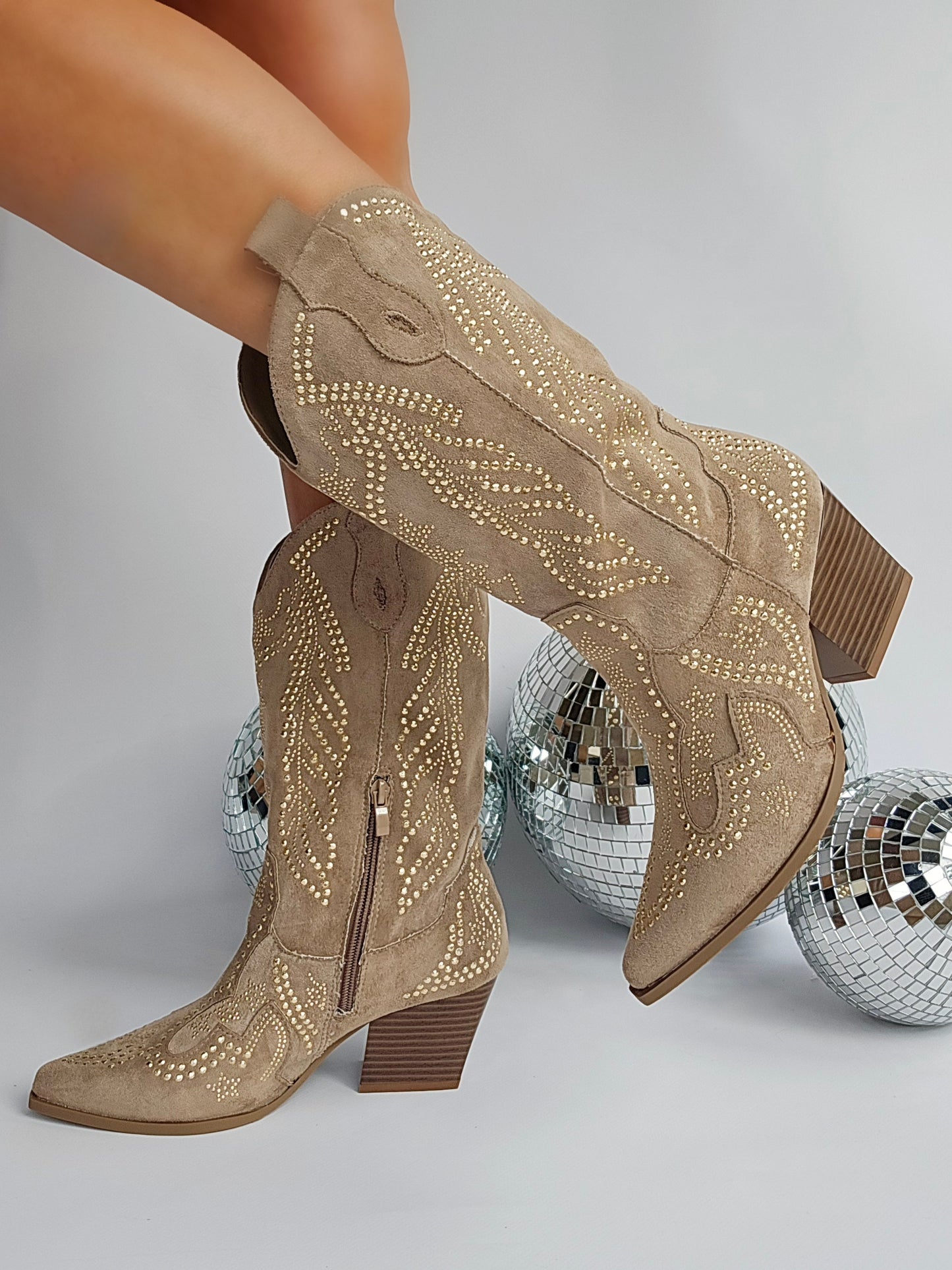 Taupe Rhinestone Mid-High Cowboy Boots