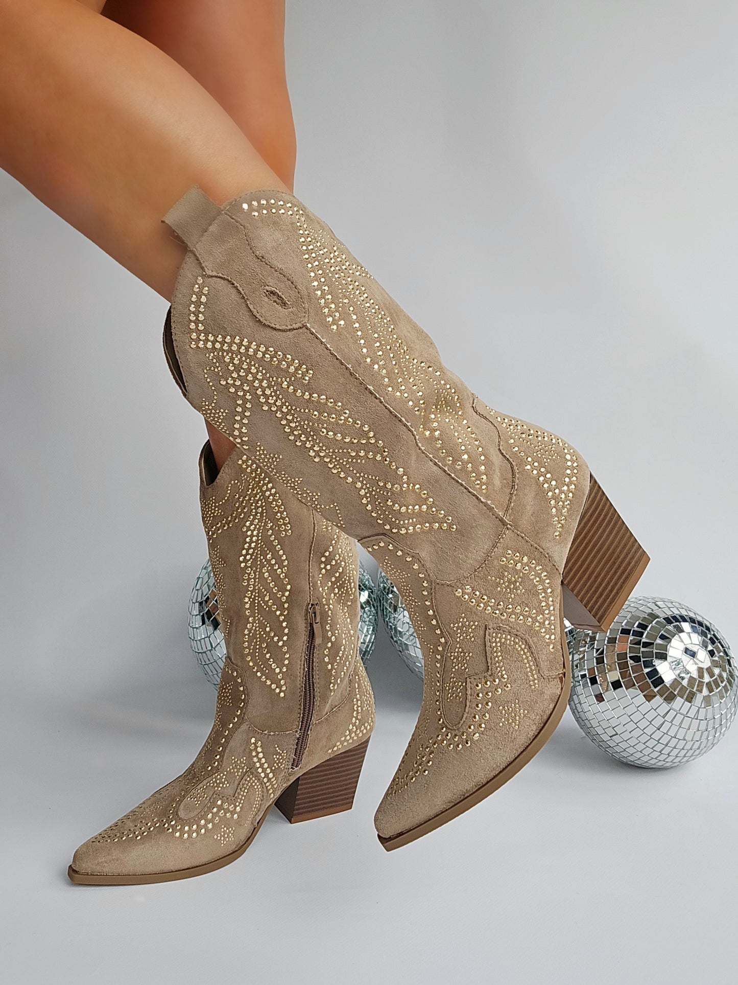Taupe Rhinestone Mid-High Cowboy Boots