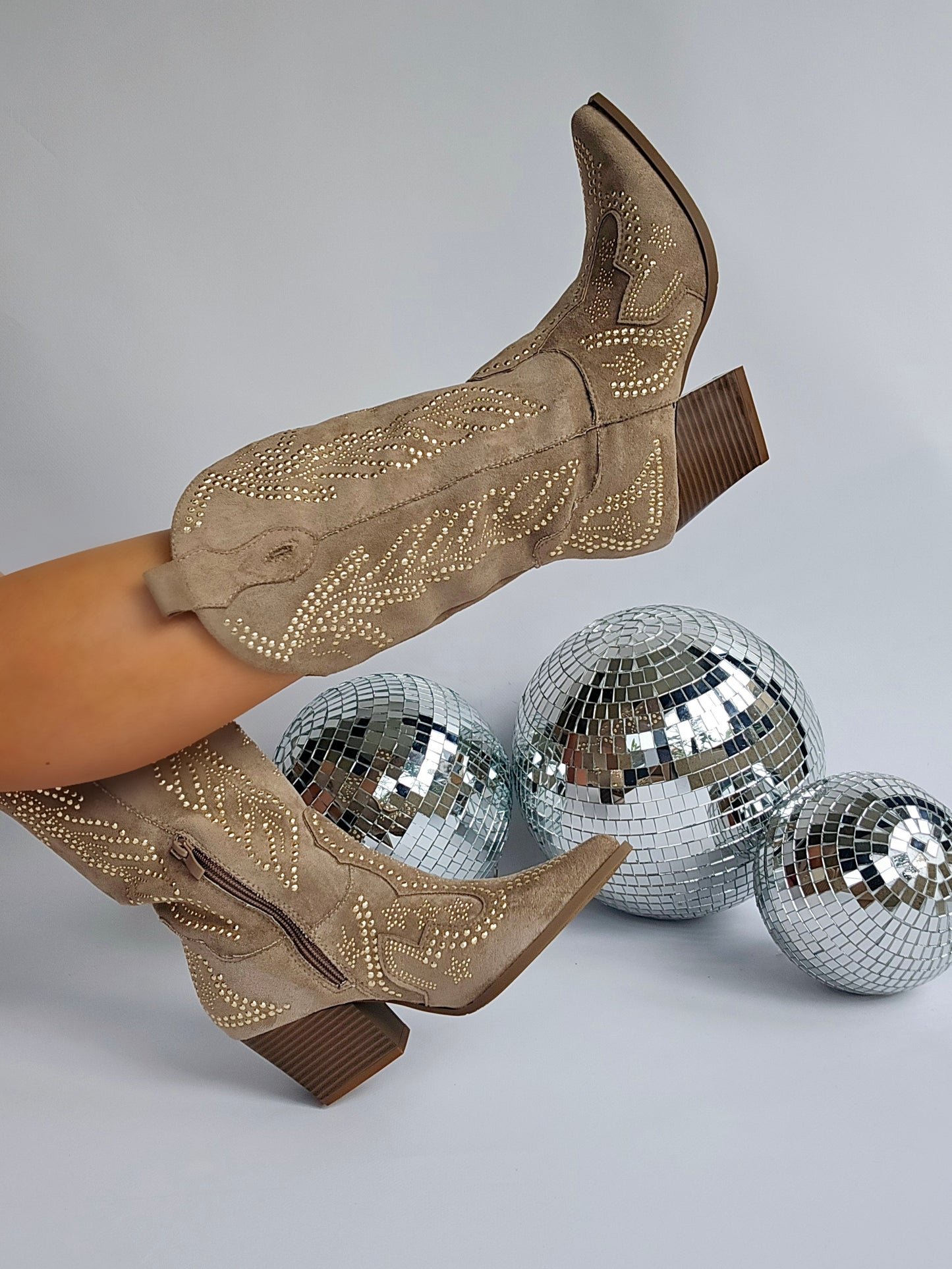 Taupe Rhinestone Mid-High Cowboy Boots