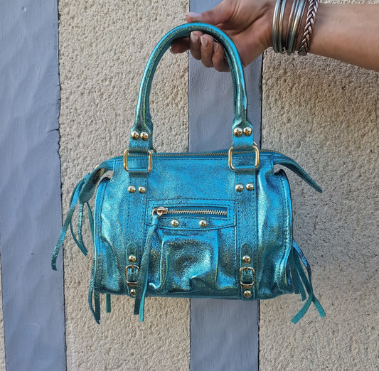 Balou bag, small model, iridescent leather, turquoise blue