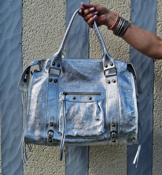 Large Balou bag 100% iridescent leather Silver