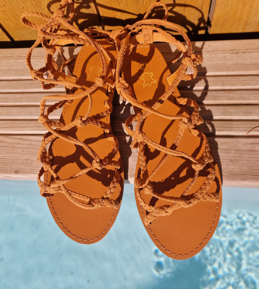 Camel braided lace-up gladiators