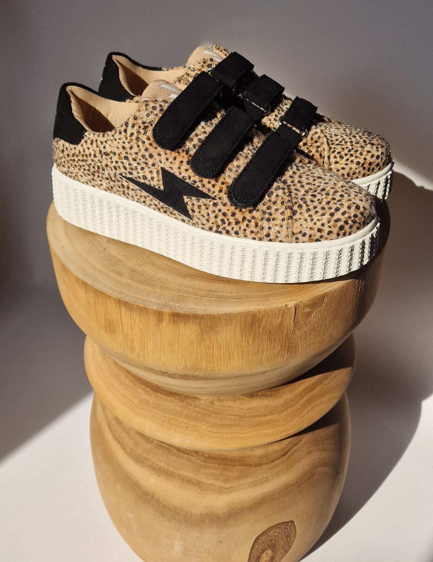 Vanessa Wu Ava Lightning Leopard Print and Black Velcro Sneakers
