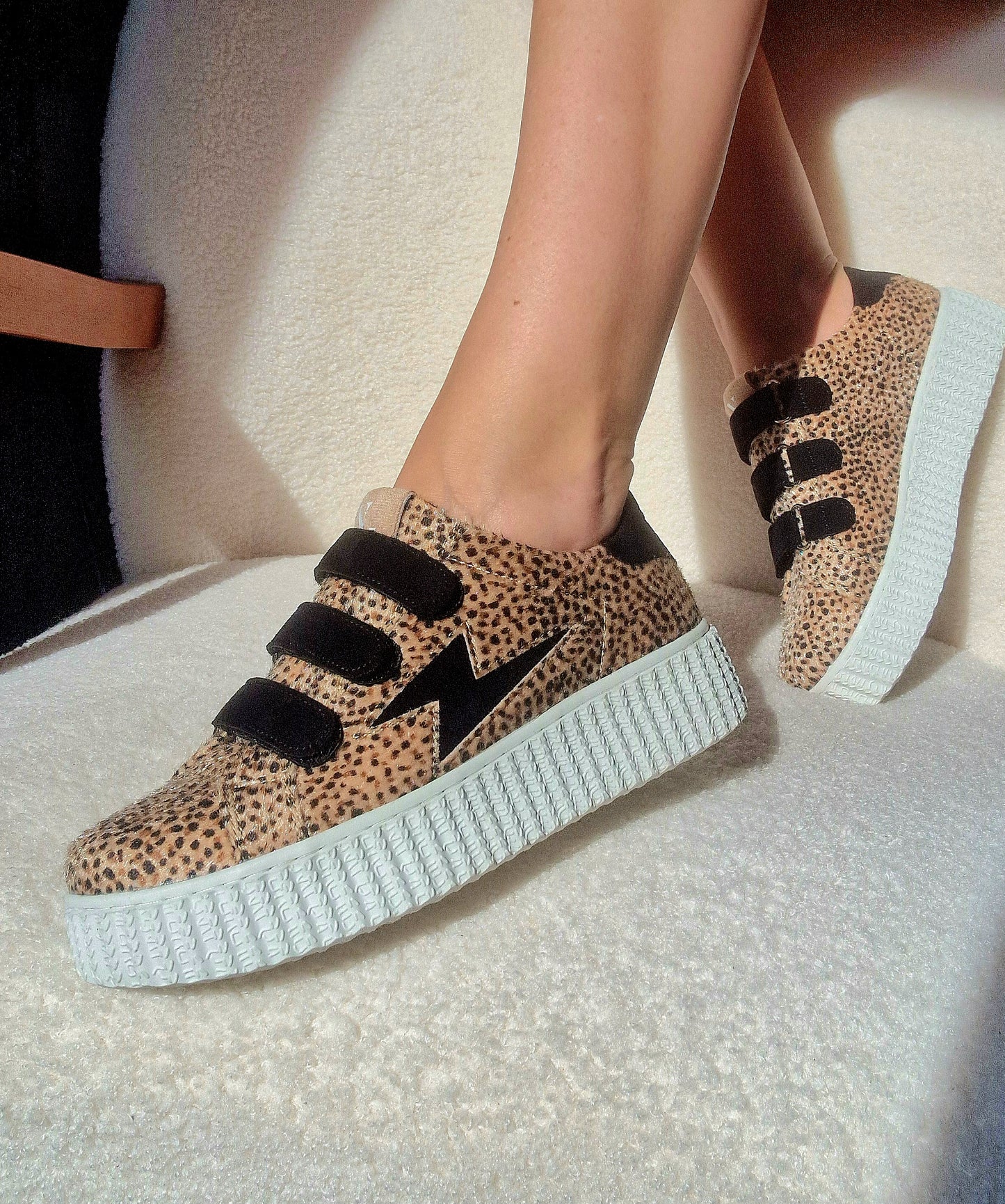 Vanessa Wu Ava Lightning Leopard Print and Black Velcro Sneakers