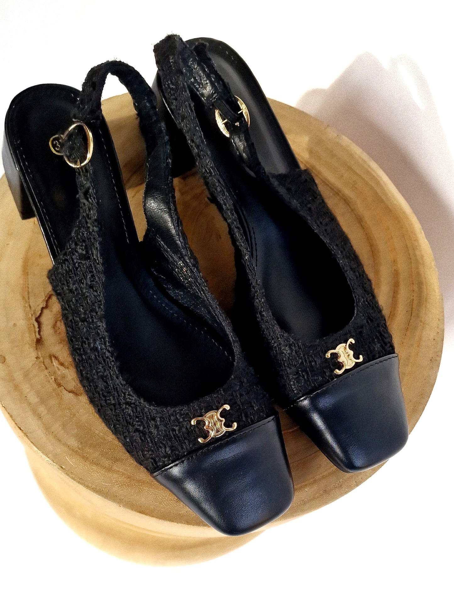 Black Tweed Square Heel Pumps