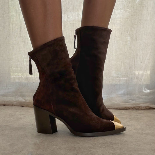 Bottines cuir daim chocolat Semerdjian – Fabrication italienne & bout métallisé