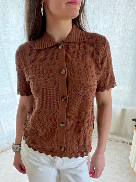 ✨ Gilet maille ajourée – chocolat
