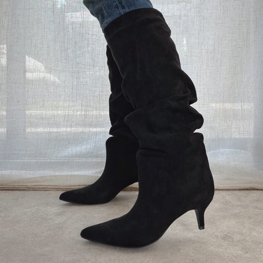 Bottes femme plissées en suédine à talon 5 cm – Noir