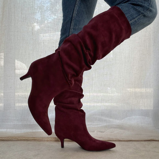 Bottes femme plissées en suédine à talon 5 cm – Bordeaux
