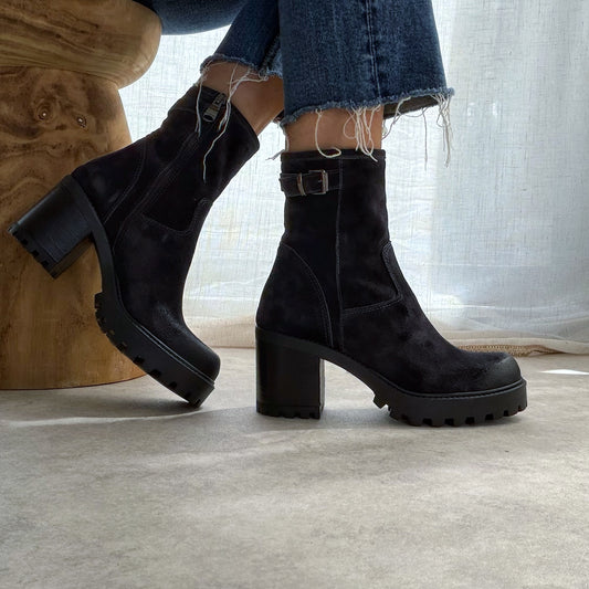 Bottines Biker Femme en Cuir Velours à Talon – Bleu Marine