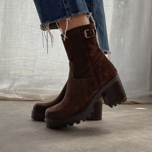Bottines Biker Femme en Cuir Velours à Talon – Chocolat