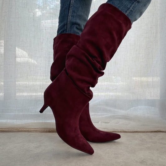 Bottes femme plissées en suédine à talon 5 cm – Bordeaux