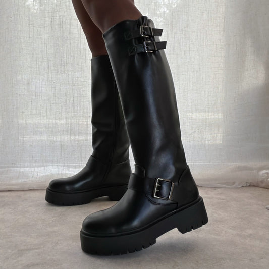 Bottes Femme Noires Biker à Sangles & Plateforme