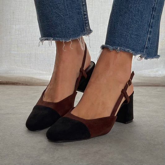 Slingback Femme Talon Carré 7 cm – Chocolat & Noir