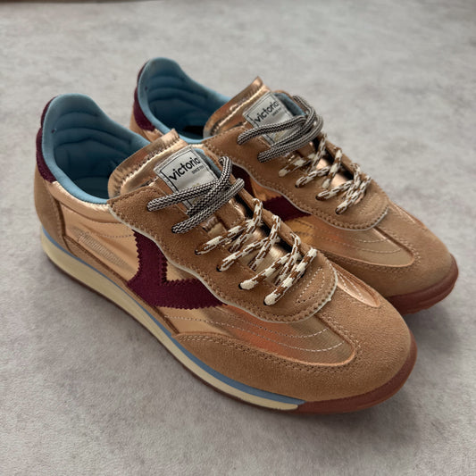 Basket Victoria Retro Running Femme Cuir Beige Doré & Bordeaux