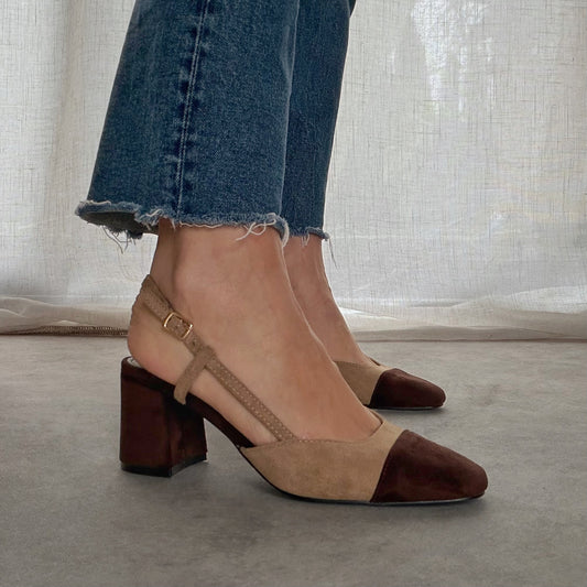 Slingback Femme Talon Carré 7 cm – Taupe & Chocolat