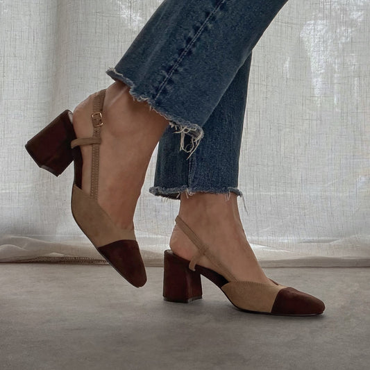 Slingback Femme Talon Carré 7 cm – Taupe & Chocolat