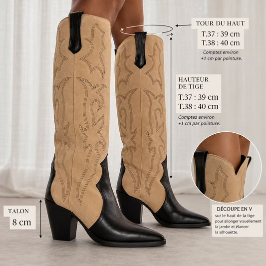 Bottes santiags hautes bicolores beige et noir – Semerdjian