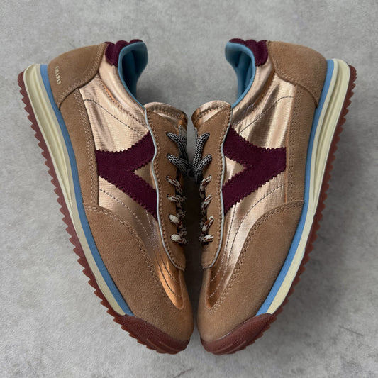 Basket Victoria Retro Running Femme Cuir Beige Doré & Bordeaux