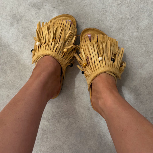 Mules à scratch à franges effet suédine – style bohème - Jaune