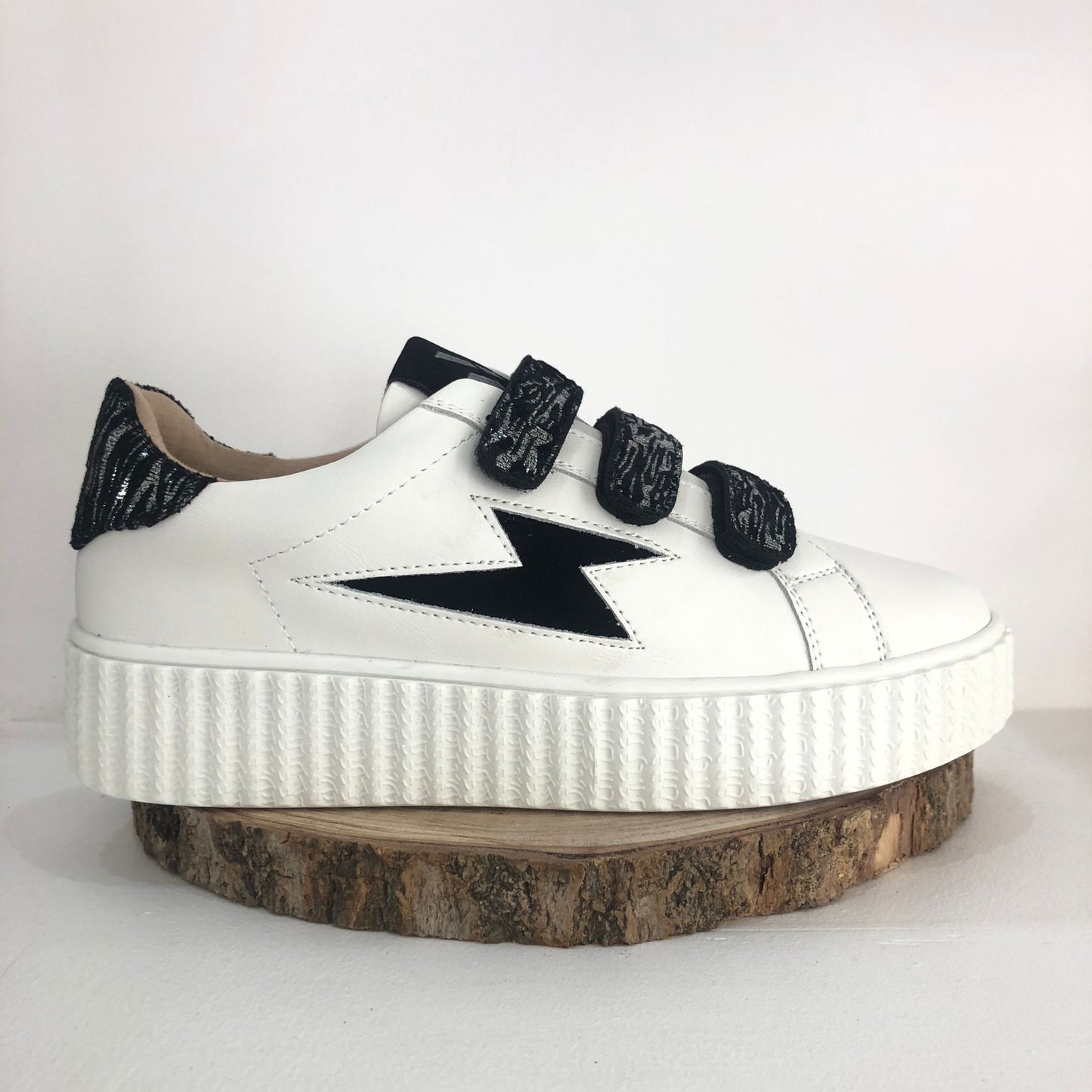 Ingrid Vanessa Wu white and black zebra print velcro lightning sneakers