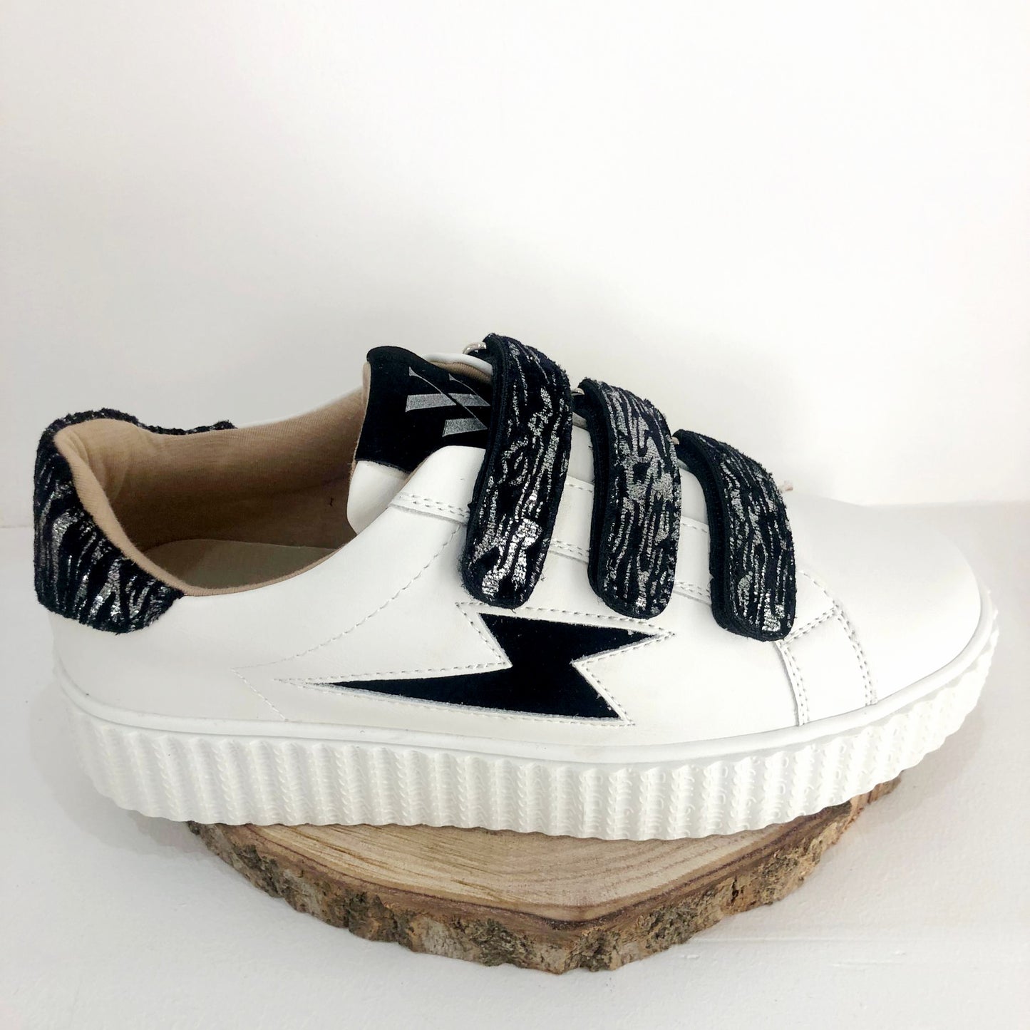 Ingrid Vanessa Wu white and black zebra print velcro lightning sneakers