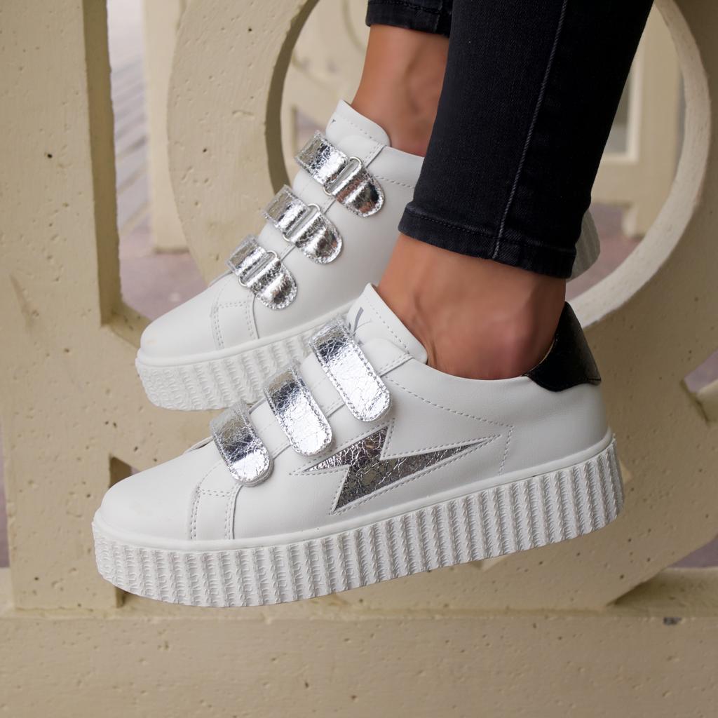 Marilou Vanessa Wu white and silver velcro lightning sneakers