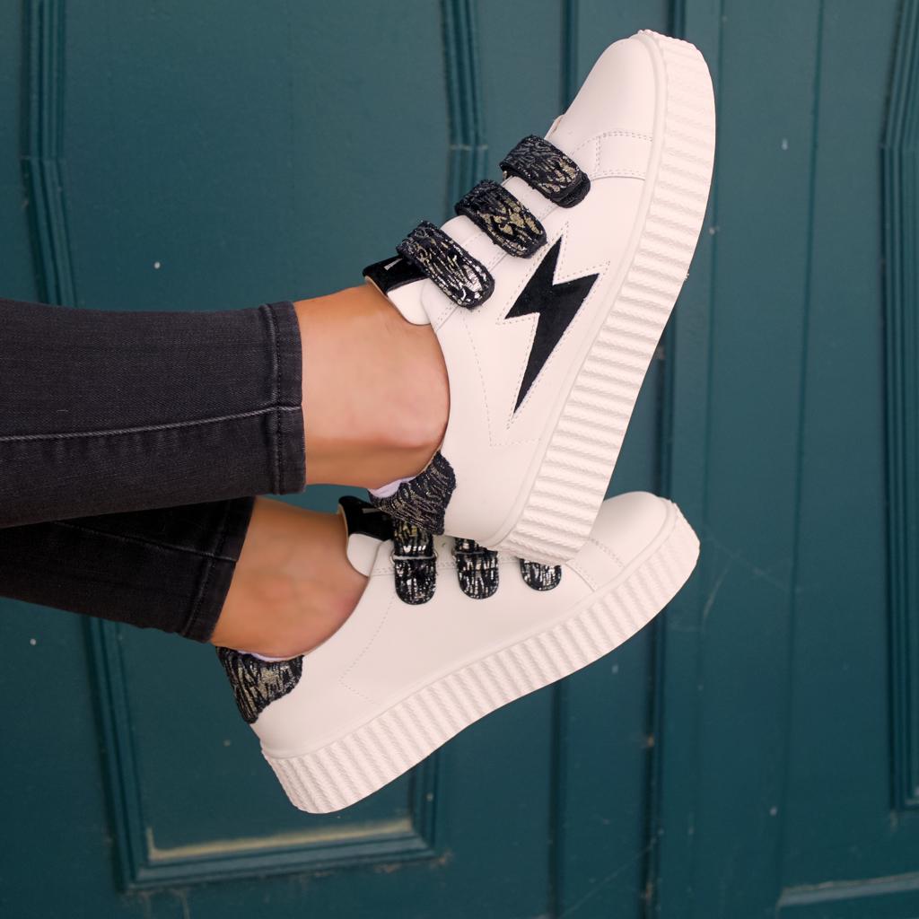 Ingrid Vanessa Wu white and black zebra print velcro lightning sneakers