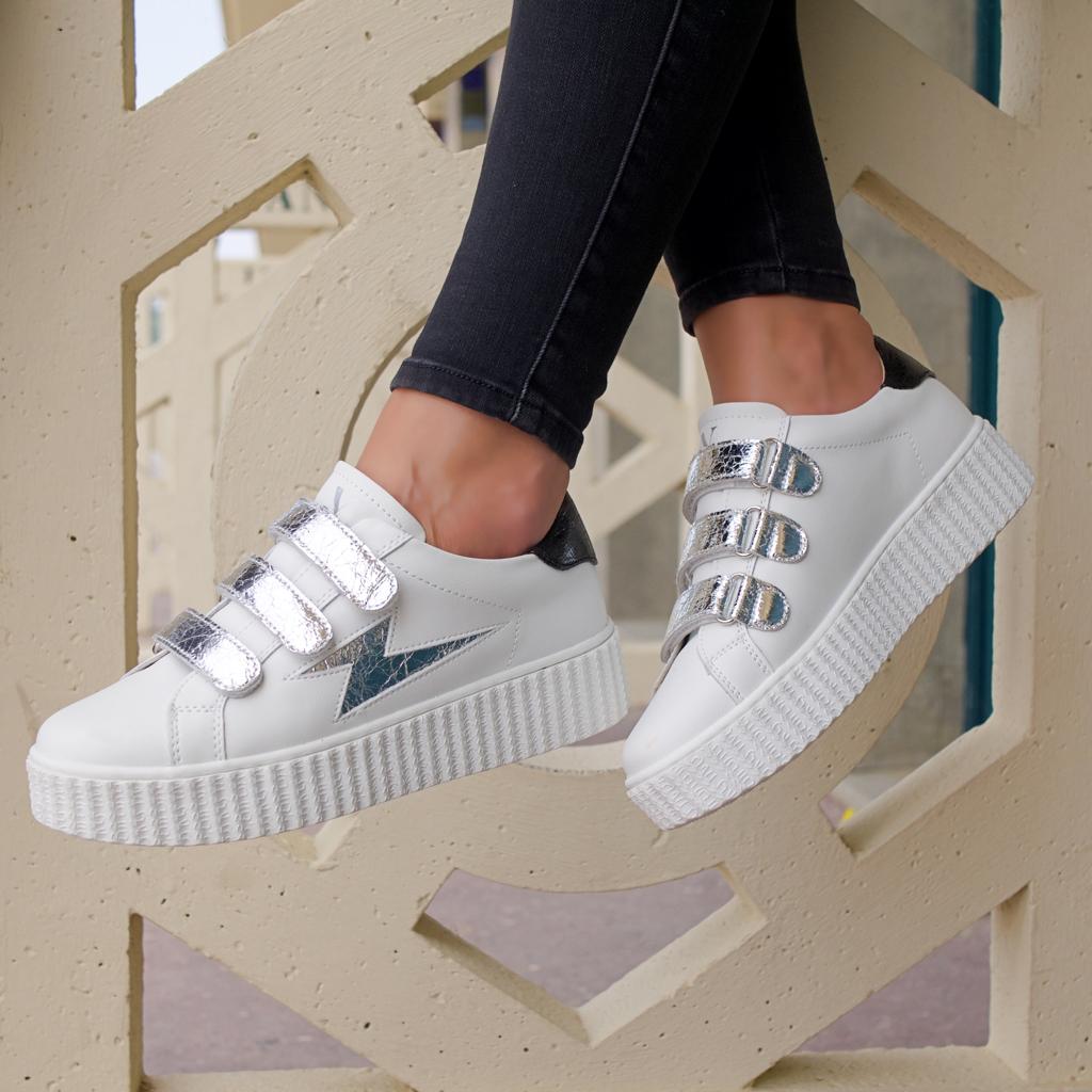 Marilou Vanessa Wu white and silver velcro lightning sneakers