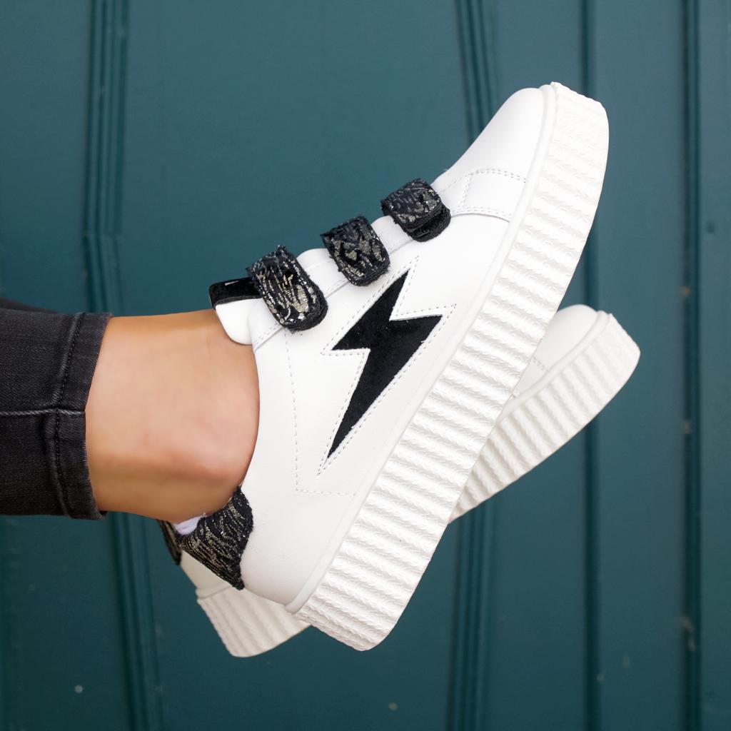 Ingrid Vanessa Wu white and black zebra print velcro lightning sneakers