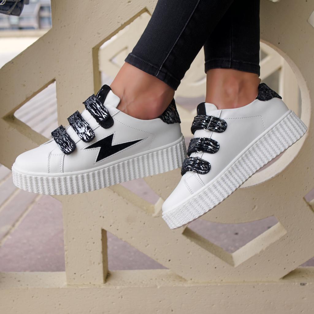 Ingrid Vanessa Wu white and black zebra print velcro lightning sneakers