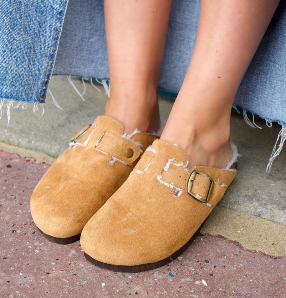 Camel fur-lined mules