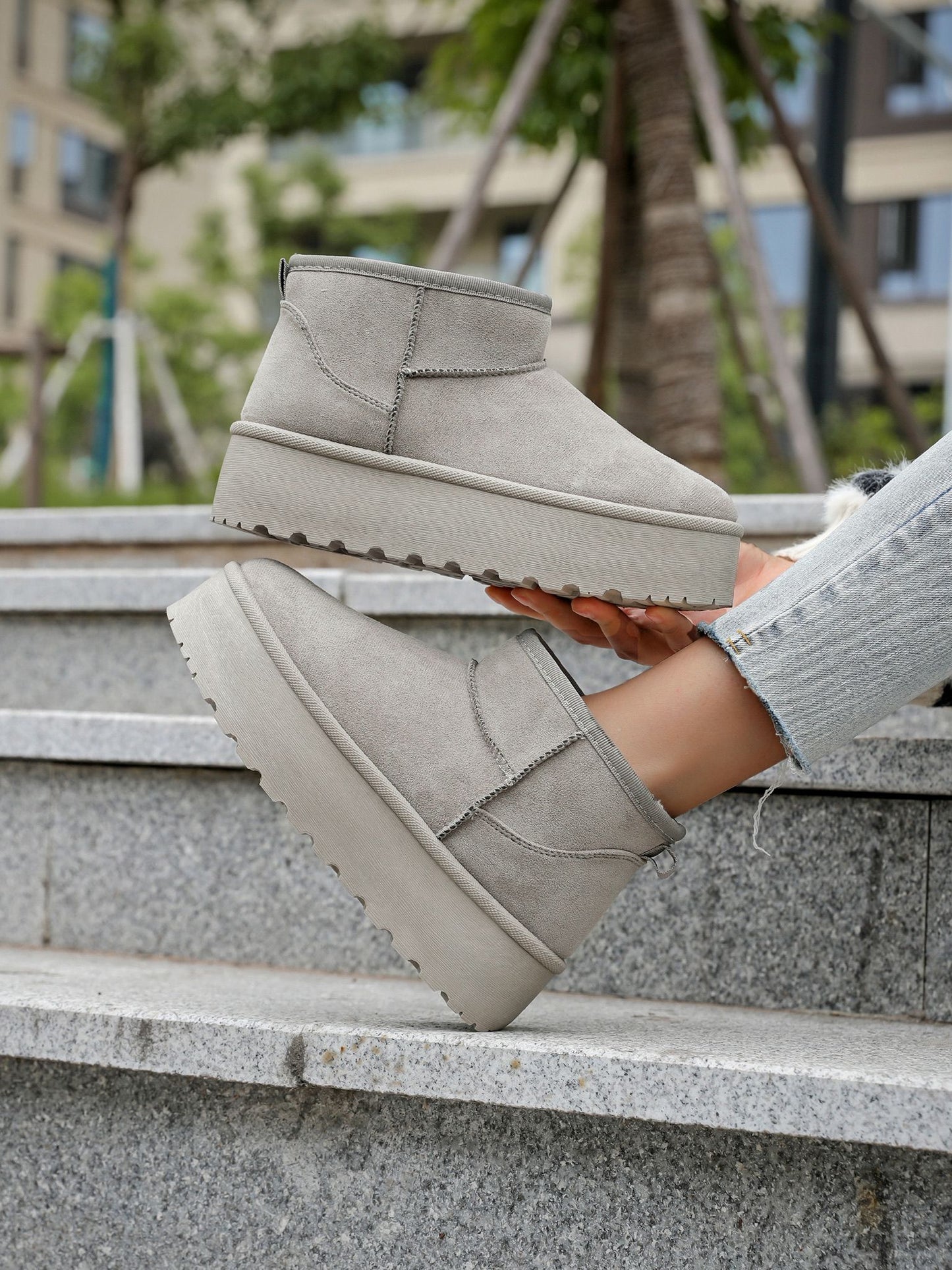 Grey fur-lined platform boots