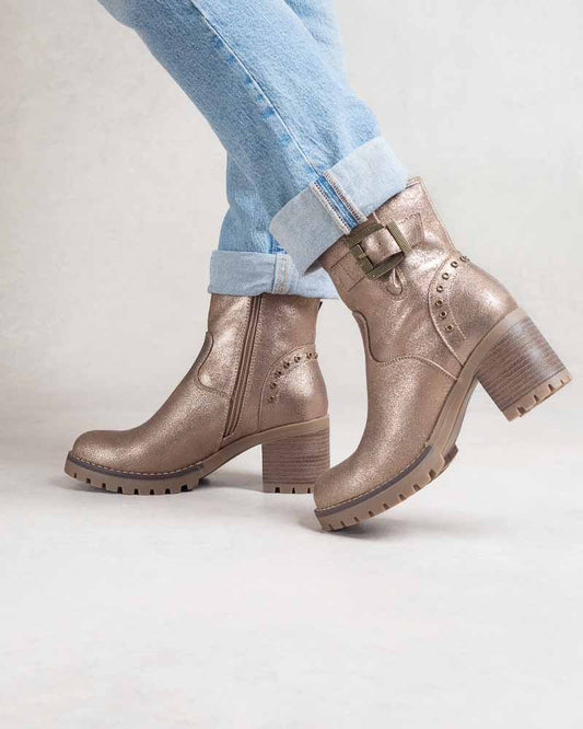 Boots biker femme à boucle et rivets Doré métallisé