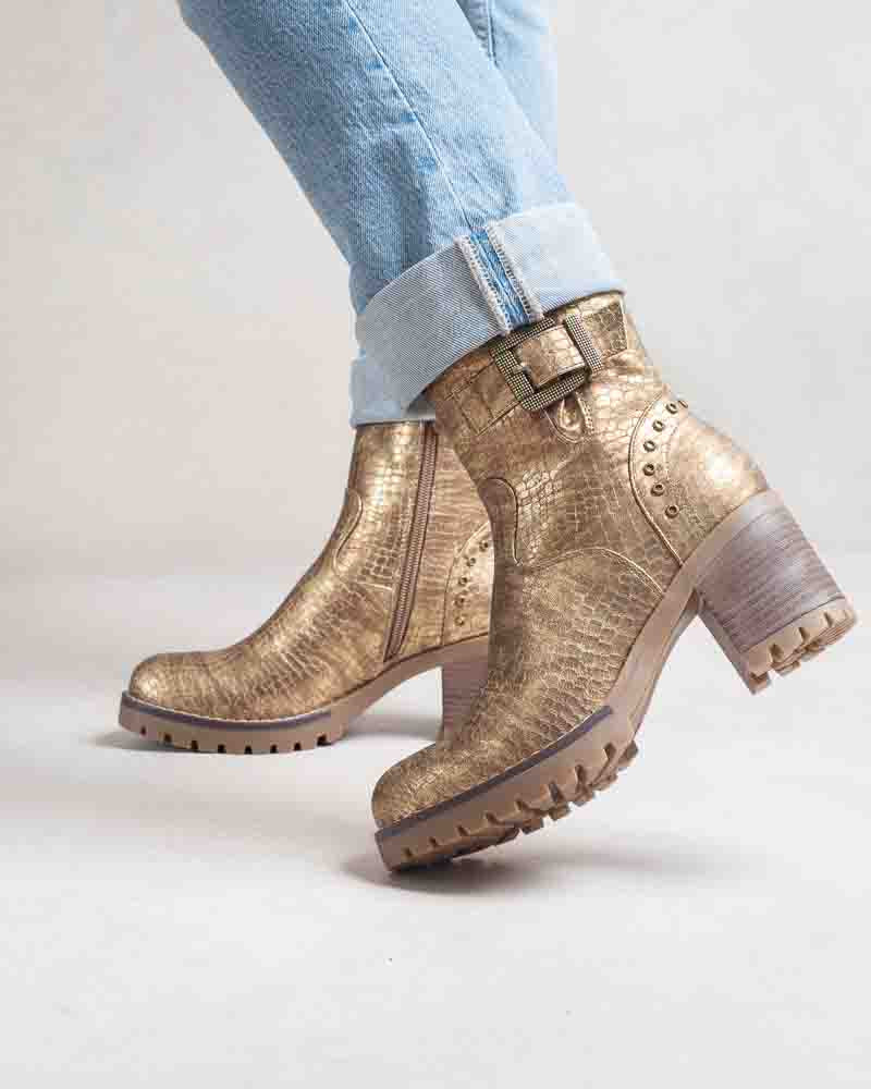 Boots biker femme à boucle effet croco Doré métallisé