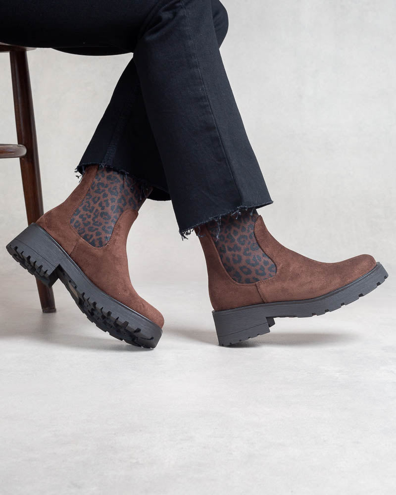 Boots femme semelle fine façon Chelsea – détail élastique léopard Chocolat