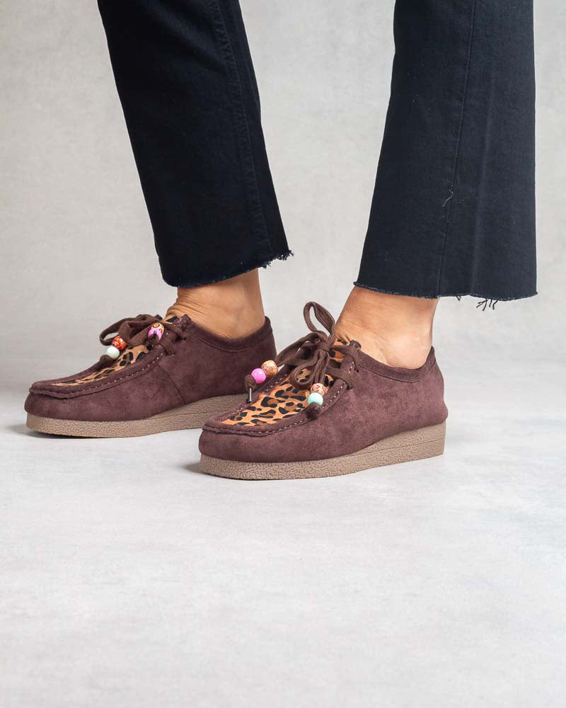 Derbies suédine à perles - Marron détails léopard