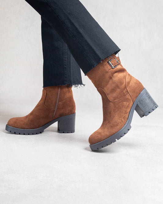 Boots femme à talon bloc avec boucle suédine Camel