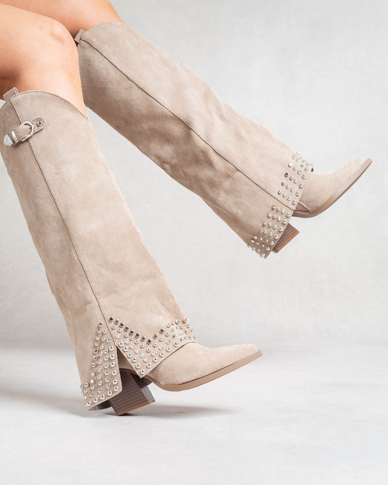 Bottes hautes western cloutées – suédine Beige
