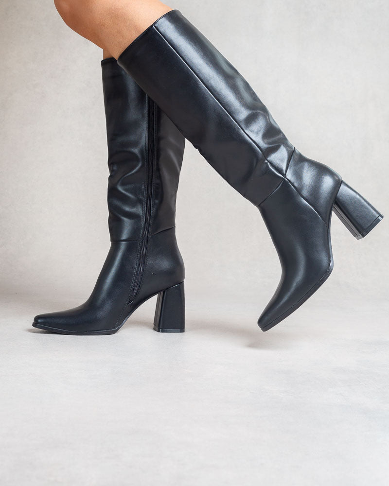 Bottes hautes à talon bloc – Simili cuir Noir