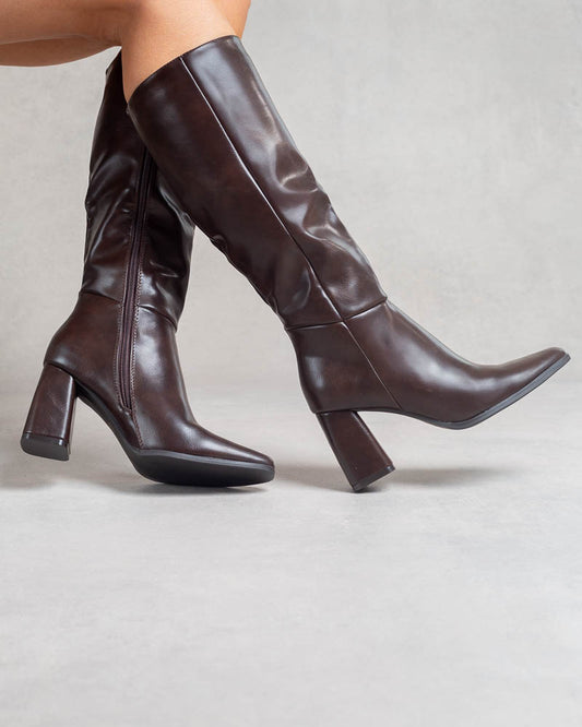 Bottes hautes à talon bloc – Simili cuir Chocolat