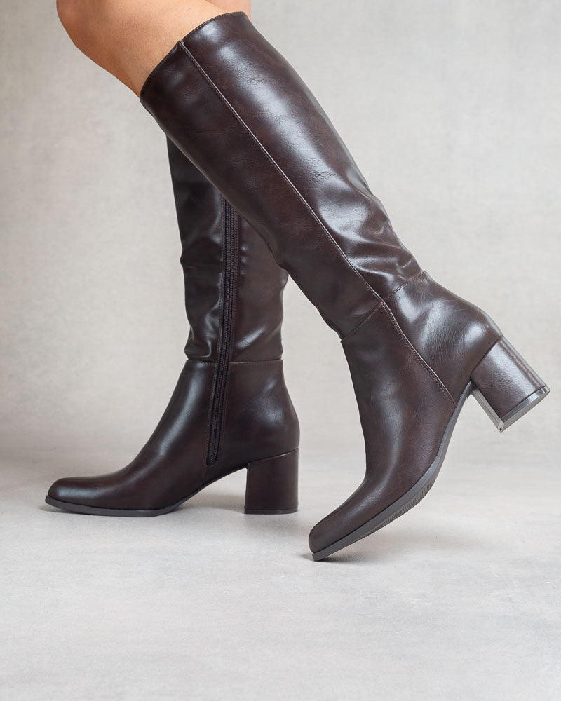 Bottes hautes à talon bloc – Simili cuir Chocolat
