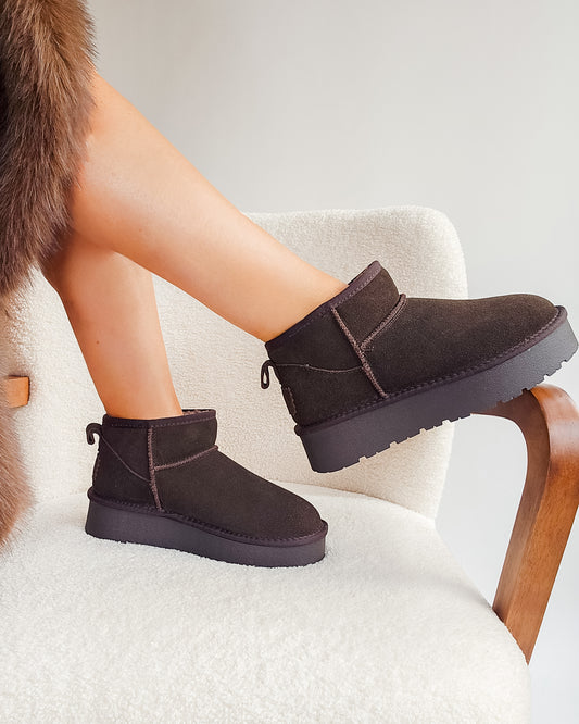 Boots fourrées plate-forme cuir Chocolat