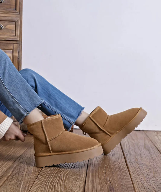 Mini Camel leather platform fur-lined boots