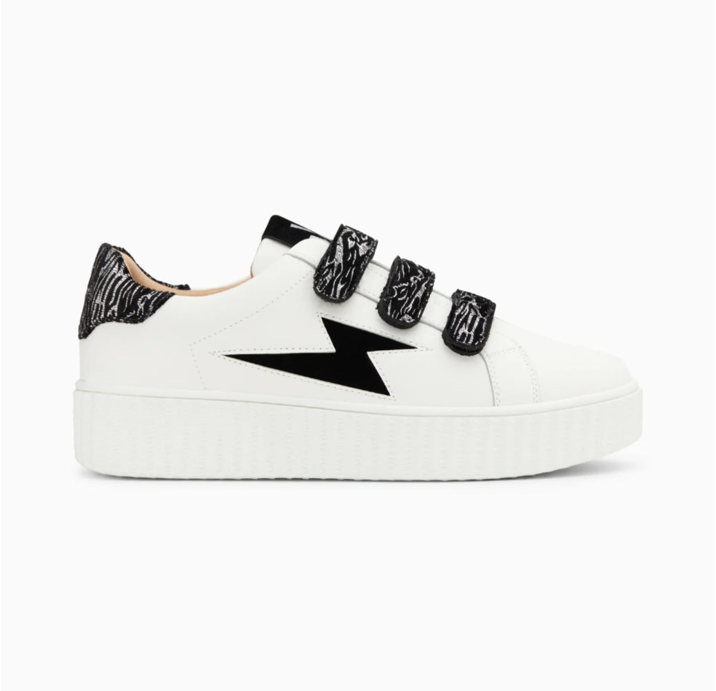 Ingrid Vanessa Wu white and black zebra print velcro lightning sneakers
