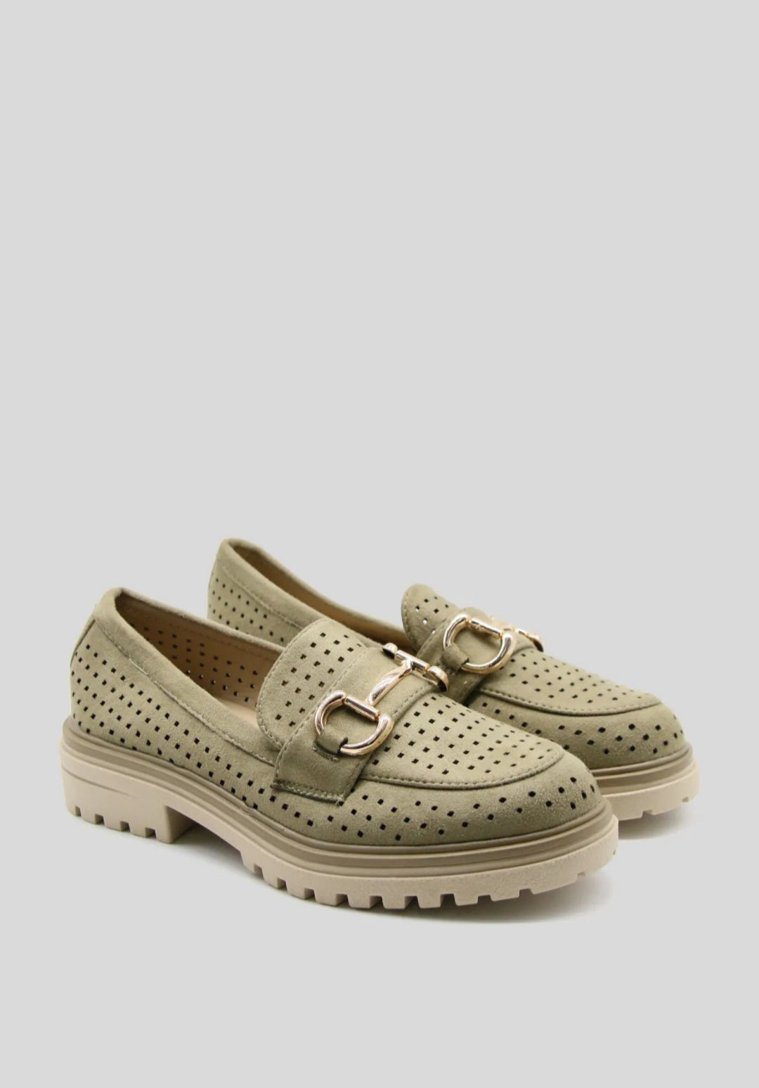 Mocassins Kaki perforés Boucle Doré