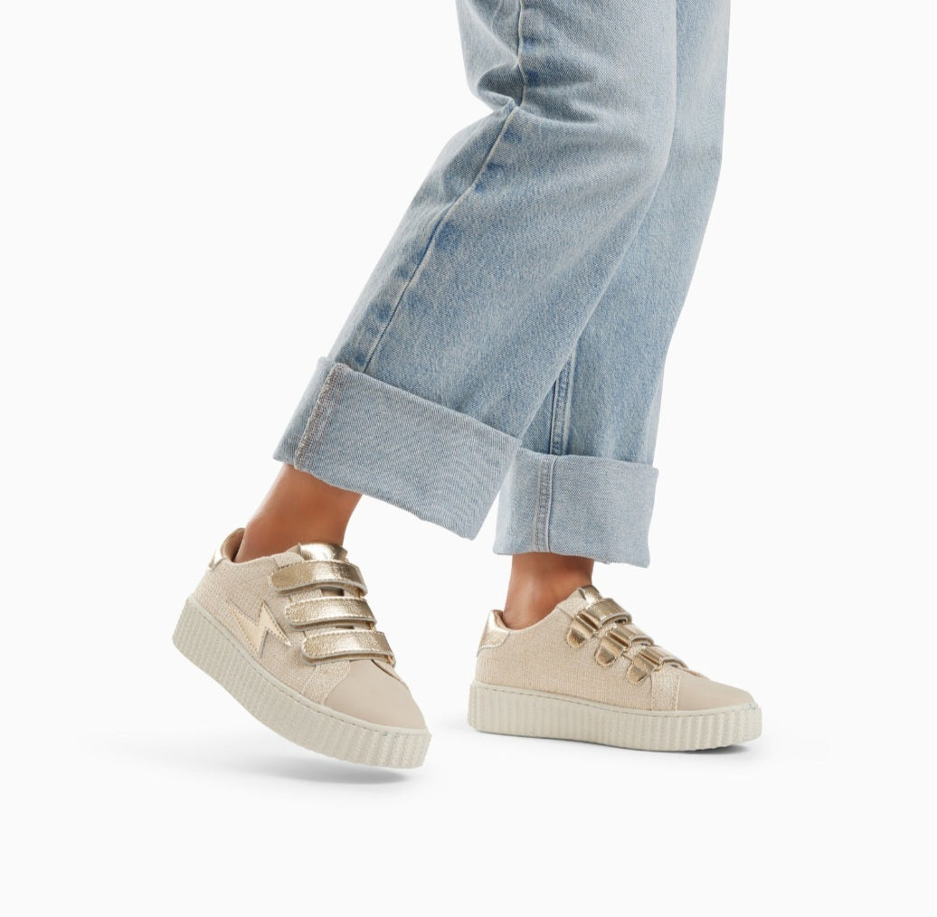Vanessa Wu Summer beige and gold lightning sneakers with velcro