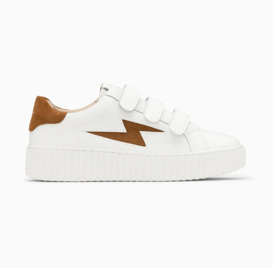 Vanessa Wu Vicky white and camel lightning sneakers with velcro